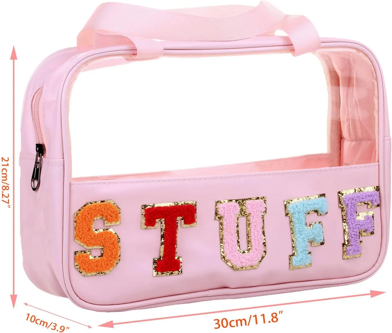 Chenille Letter Clear PVC And PU leather Large Travel Cosmetic Toiletry Storage Bag Waterproof Makeup Tote Bag Organizer Bag for Women(STUFF-Pink)
