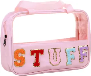 Chenille Letter Clear PVC And PU leather Large Travel Cosmetic Toiletry Storage Bag Waterproof Makeup Tote Bag Organizer Bag for Women(STUFF-Pink)