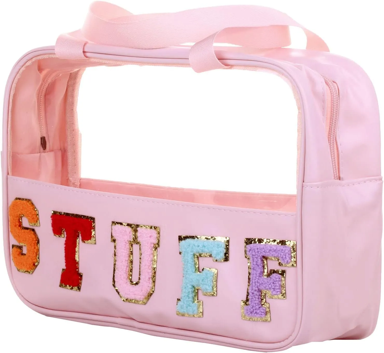 Chenille Letter Clear PVC And PU leather Large Travel Cosmetic Toiletry Storage Bag Waterproof Makeup Tote Bag Organizer Bag for Women(STUFF-Pink)