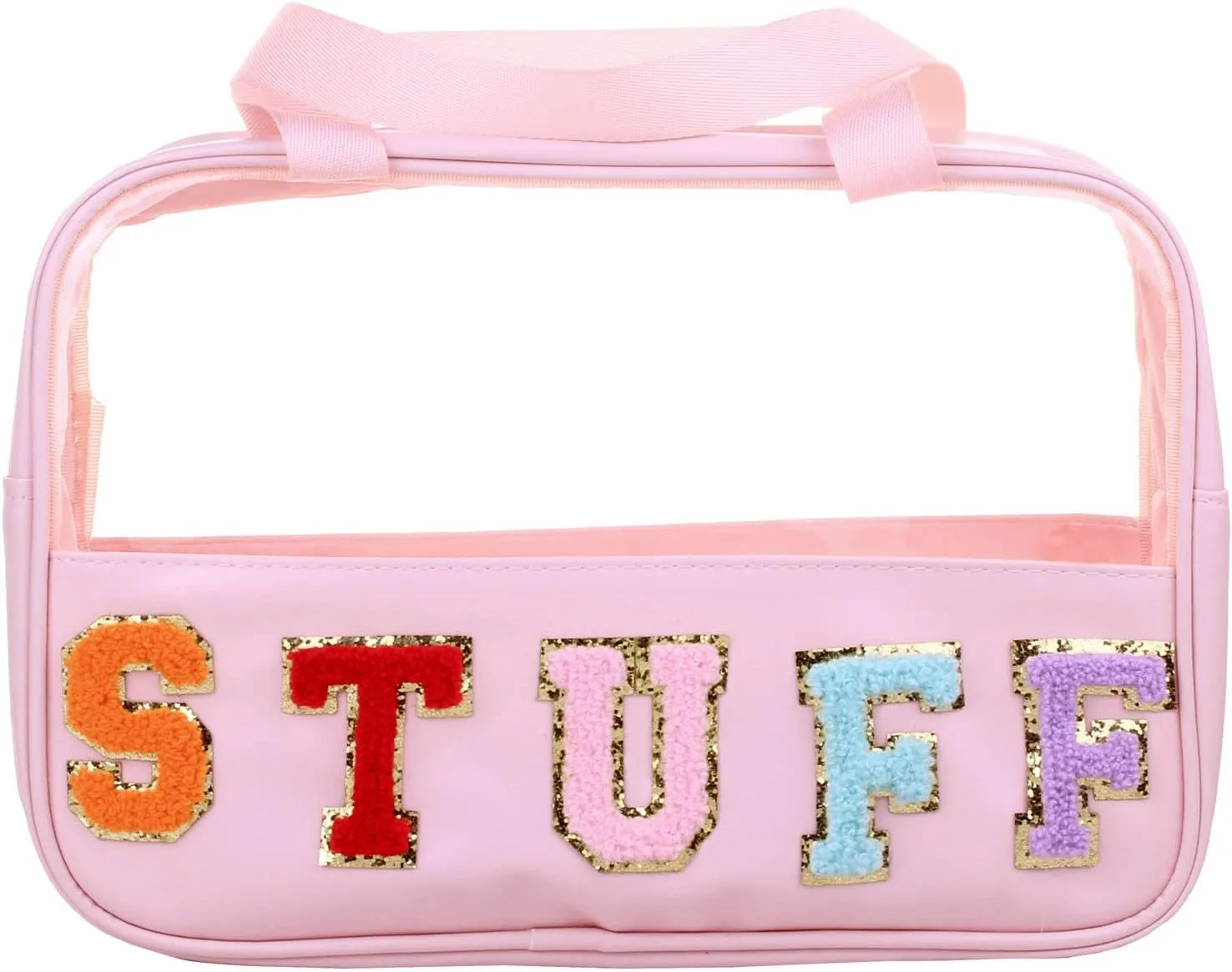 Chenille Letter Clear PVC And PU leather Large Travel Cosmetic Toiletry Storage Bag Waterproof Makeup Tote Bag Organizer Bag for Women(STUFF-Pink)
