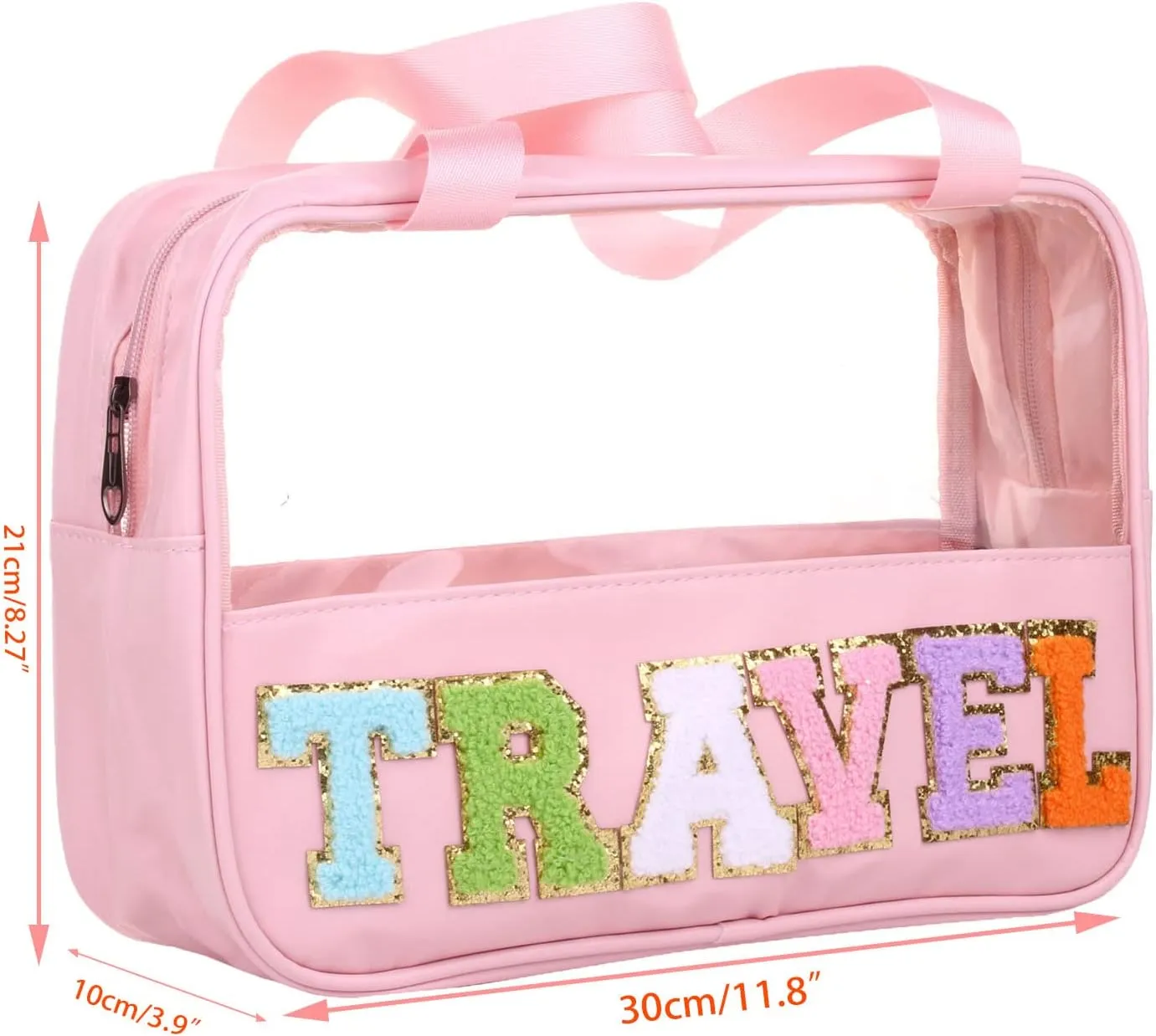 Chenille Letter Patch Clear PVC And PU leather Large Travel Makeup Toiletry Storage Bag Waterproof Makeup Tote Bag for Women (Travel-Pink)