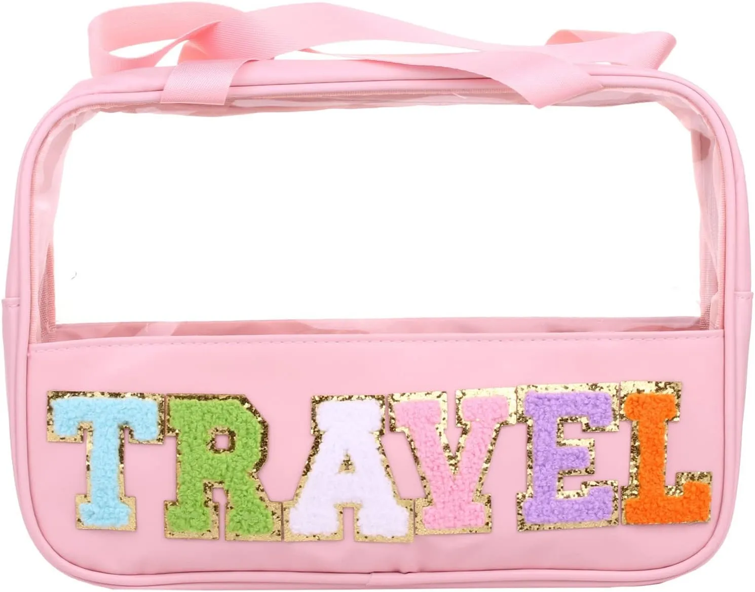 Chenille Letter Patch Clear PVC And PU leather Large Travel Makeup Toiletry Storage Bag Waterproof Makeup Tote Bag for Women (Travel-Pink)
