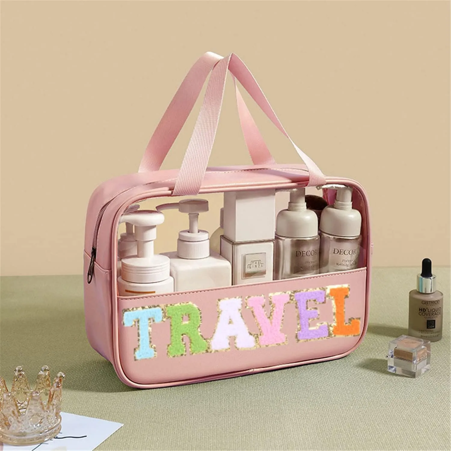 Chenille Letter Patch Clear PVC And PU leather Large Travel Makeup Toiletry Storage Bag Waterproof Makeup Tote Bag for Women (Travel-Pink)
