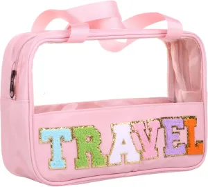 Chenille Letter Patch Clear PVC And PU leather Large Travel Makeup Toiletry Storage Bag Waterproof Makeup Tote Bag for Women (Travel-Pink)
