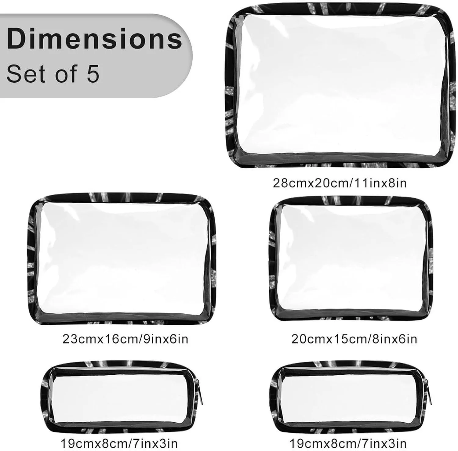 Chic Silver Glitter Drips Sparkle Black Transparent Storage Bag, 5-piece Makeup Bag Set White-style