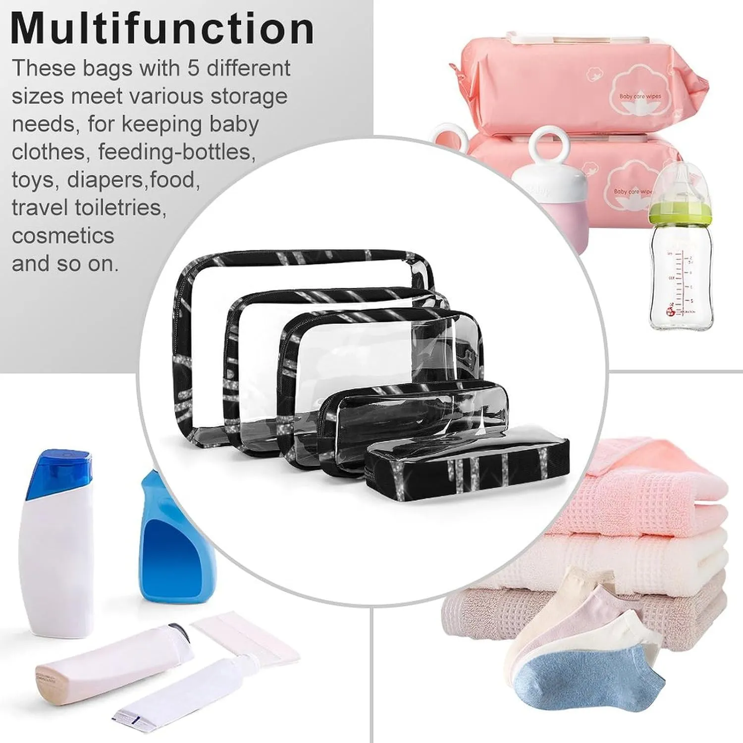 Chic Silver Glitter Drips Sparkle Black Transparent Storage Bag, 5-piece Makeup Bag Set White-style