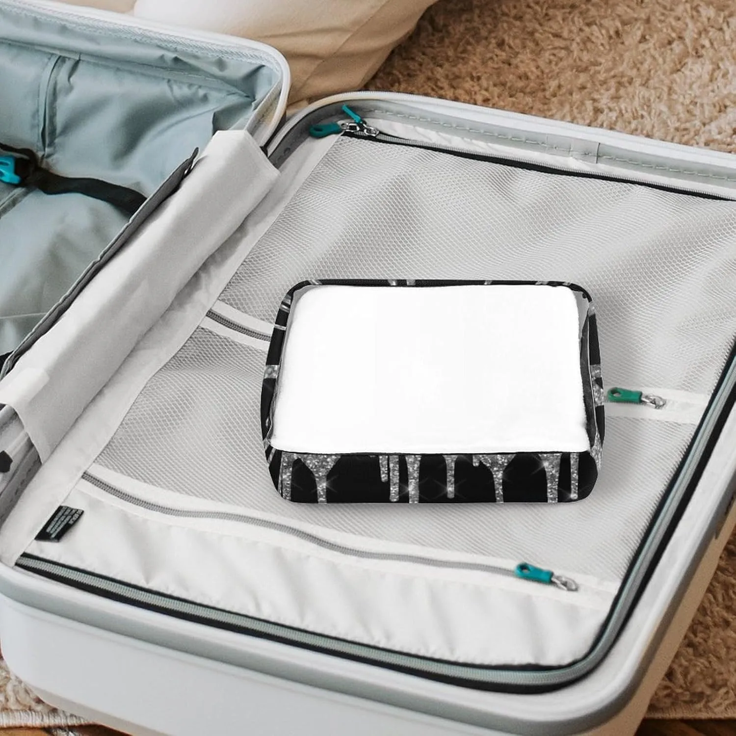 Chic Silver Glitter Drips Sparkle Black Transparent Storage Bag, 5-piece Makeup Bag Set White-style