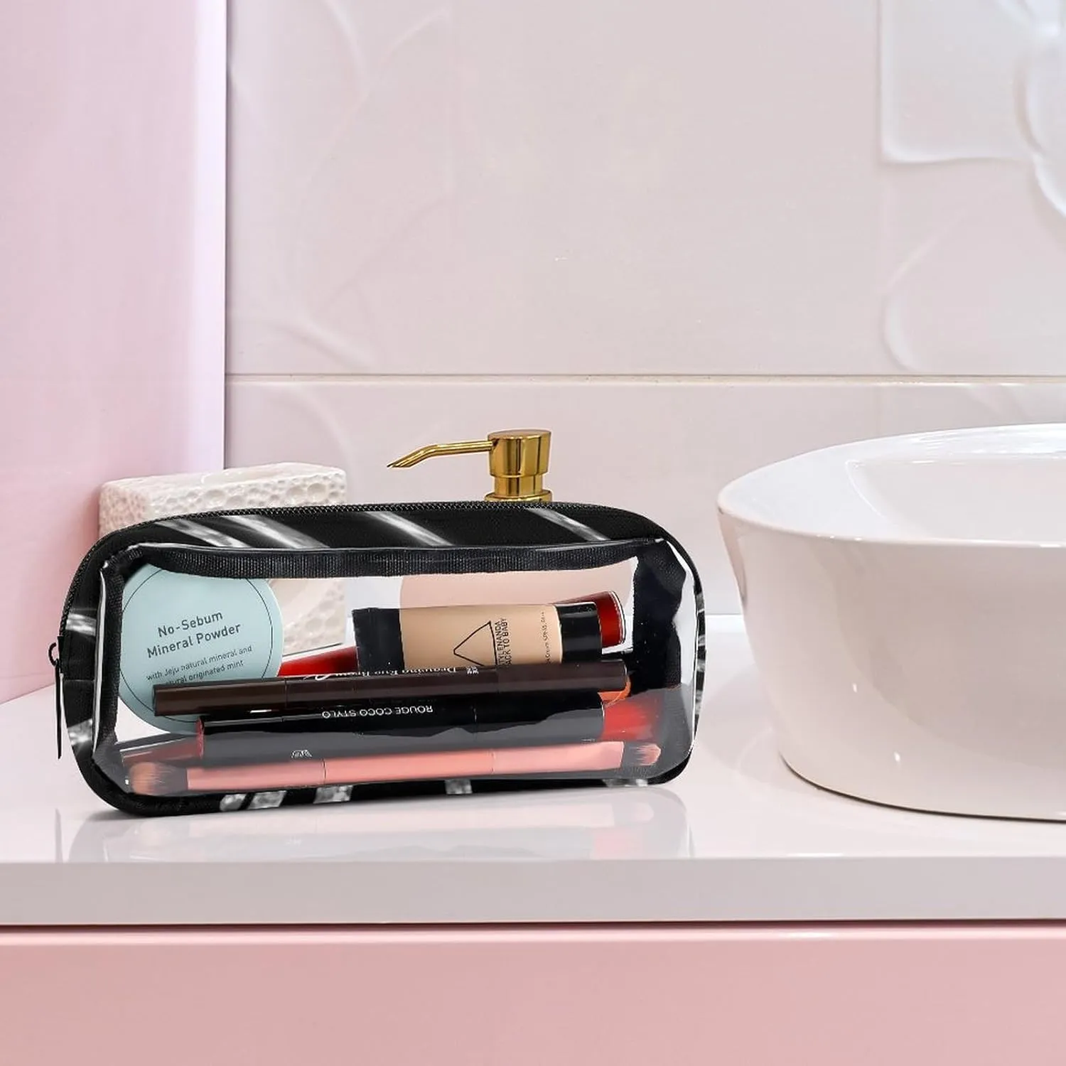 Chic Silver Glitter Drips Sparkle Black Transparent Storage Bag, 5-piece Makeup Bag Set White-style