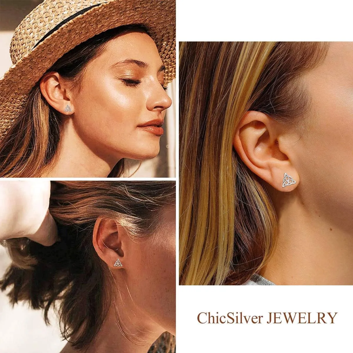 ChicSilver Celtic Knot Stud Earrings Hypoallergenic 925 Sterling Silver Heart/Triangle Knot Earring Studs Celtic Jewelry for Women, Silver/Gold/Rose Gold