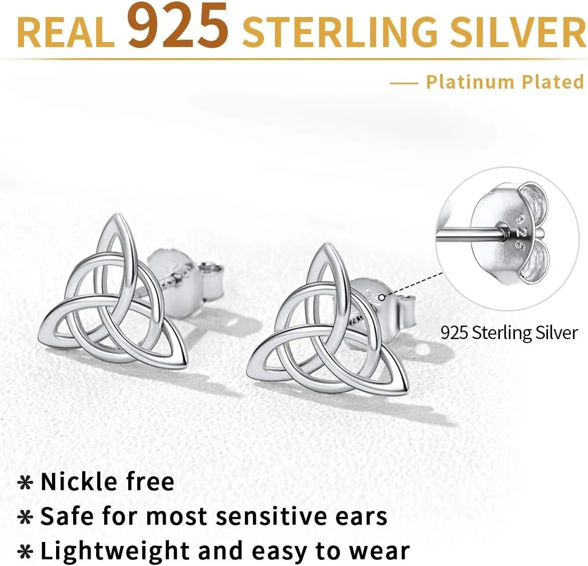 ChicSilver Celtic Knot Stud Earrings Hypoallergenic 925 Sterling Silver Heart/Triangle Knot Earring Studs Celtic Jewelry for Women, Silver/Gold/Rose Gold