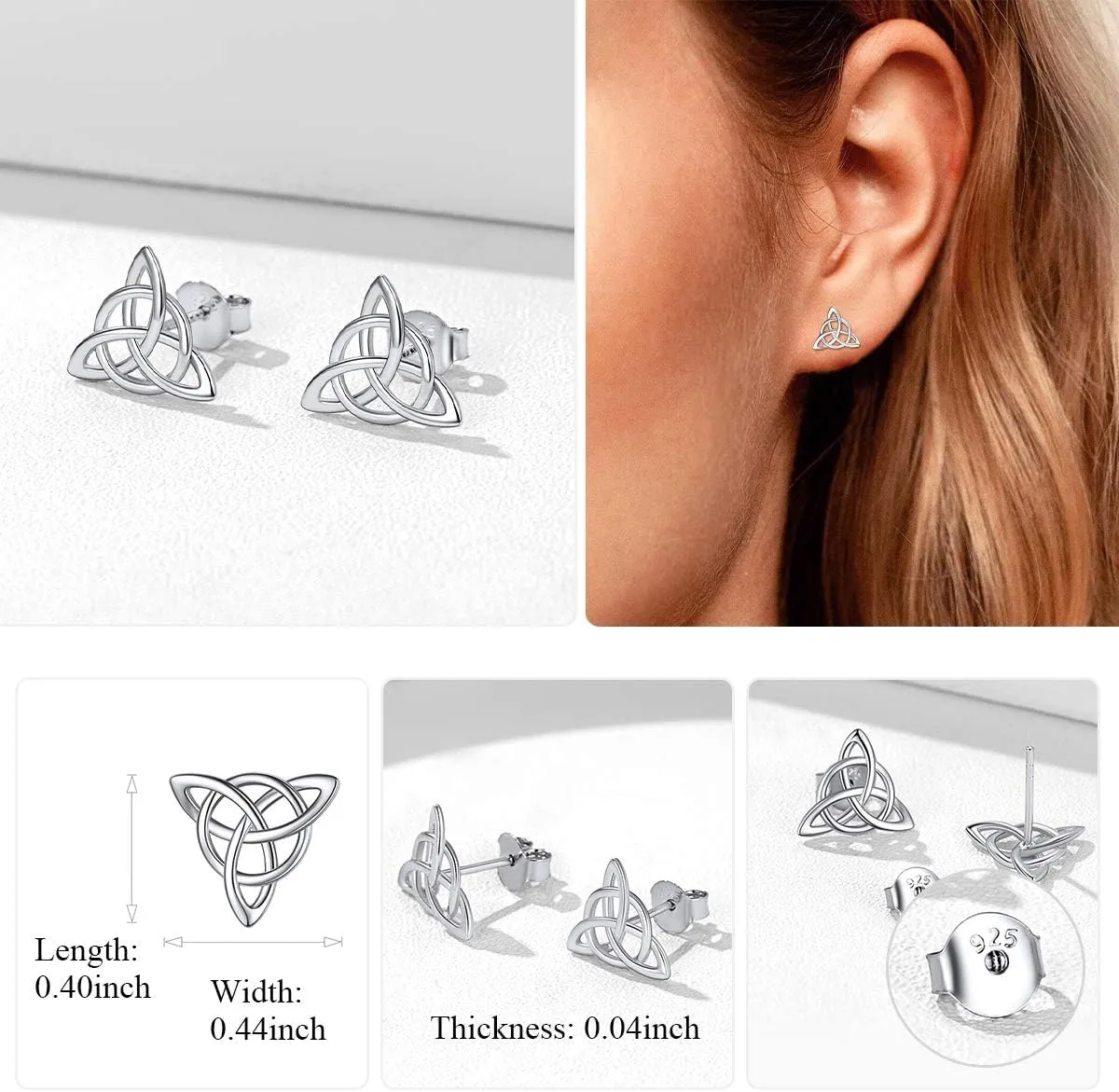 ChicSilver Celtic Knot Stud Earrings Hypoallergenic 925 Sterling Silver Heart/Triangle Knot Earring Studs Celtic Jewelry for Women, Silver/Gold/Rose Gold