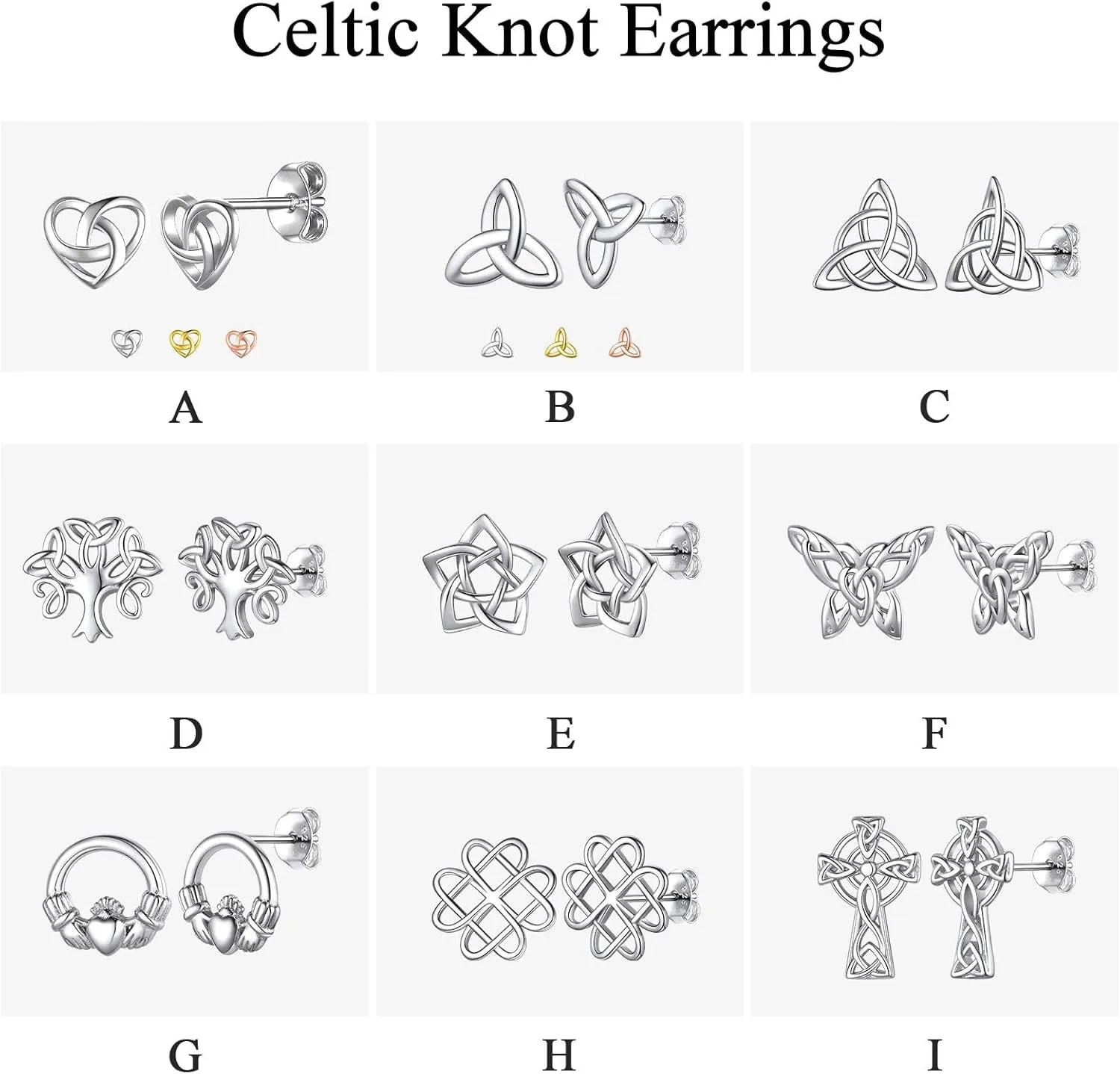 ChicSilver Celtic Knot Stud Earrings Hypoallergenic 925 Sterling Silver Heart/Triangle Knot Earring Studs Celtic Jewelry for Women, Silver/Gold/Rose Gold