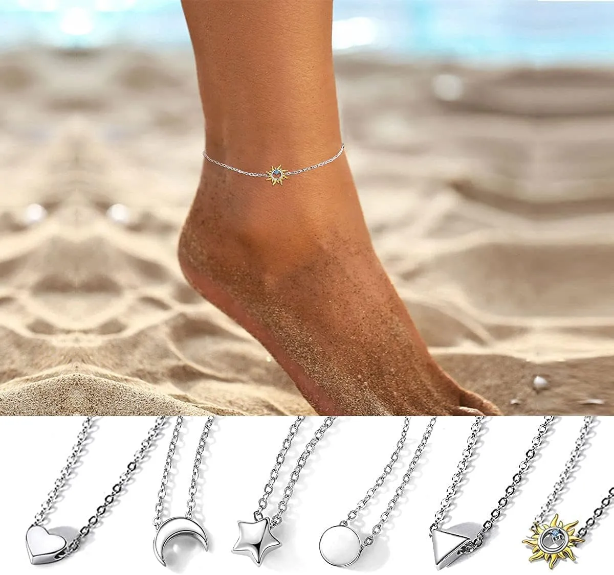 ChicSilver Personalized 925 Sterling Silver Tiny Heart/Moon/Star/Sun/Dot/Triangle Anklets Simple Dainty Foot Jewelry for Women, Silver/Gold/Rose Gold(with Gift Box)