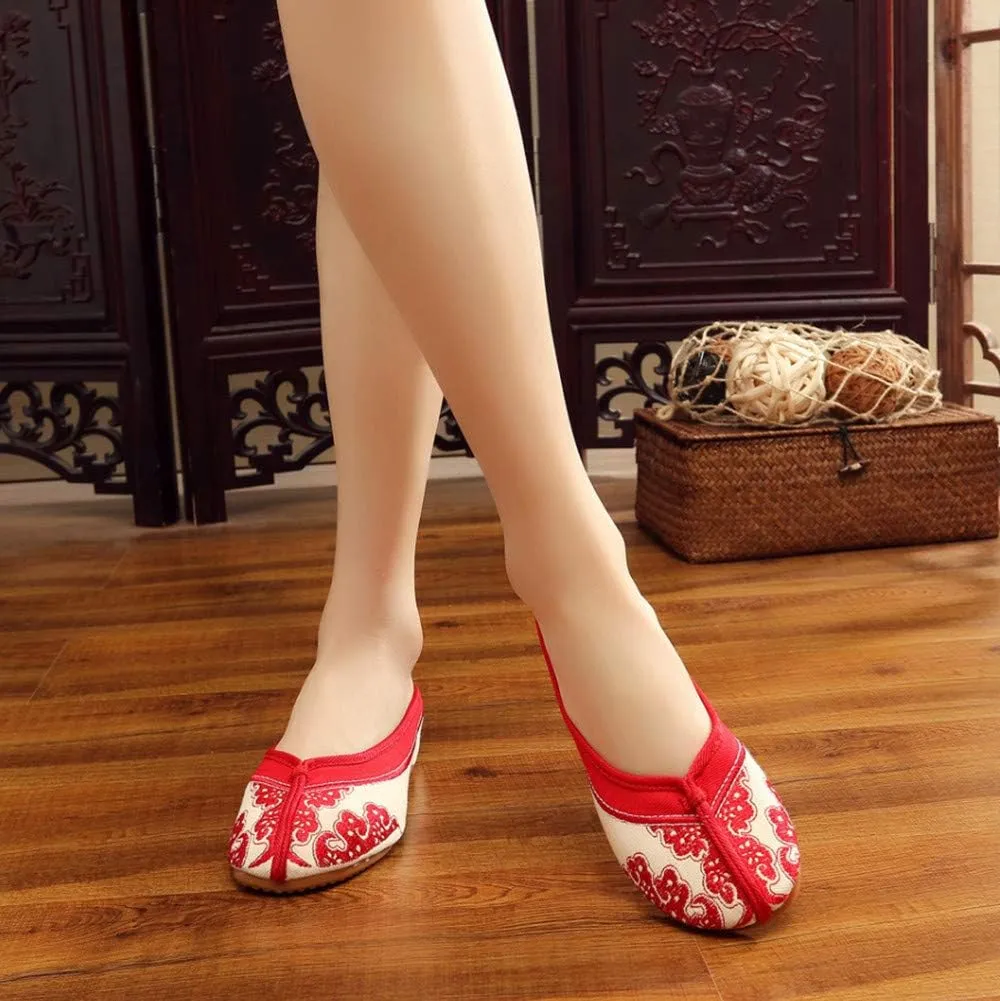 Chinese Style Embroidered Flower Shoes Women Blue and White Porcelain Canvas Slippers Backless Comfortable Flats Round Toe Loafers Casual Sandals