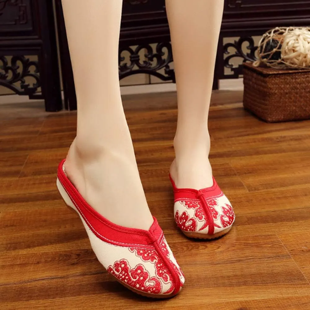 Chinese Style Embroidered Flower Shoes Women Blue and White Porcelain Canvas Slippers Backless Comfortable Flats Round Toe Loafers Casual Sandals