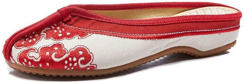 Chinese Style Embroidered Flower Shoes Women Blue and White Porcelain Canvas Slippers Backless Comfortable Flats Round Toe Loafers Casual Sandals