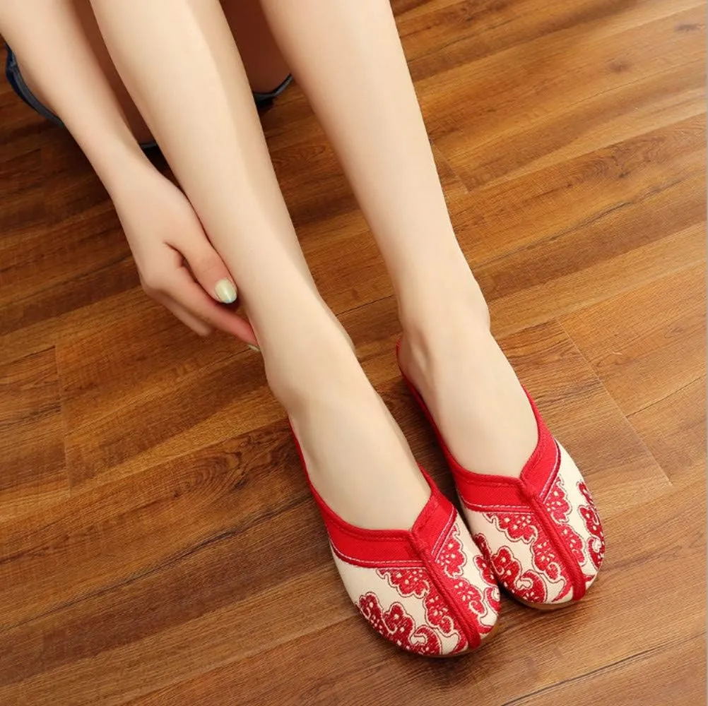Chinese Style Embroidered Flower Shoes Women Blue and White Porcelain Canvas Slippers Backless Comfortable Flats Round Toe Loafers Casual Sandals