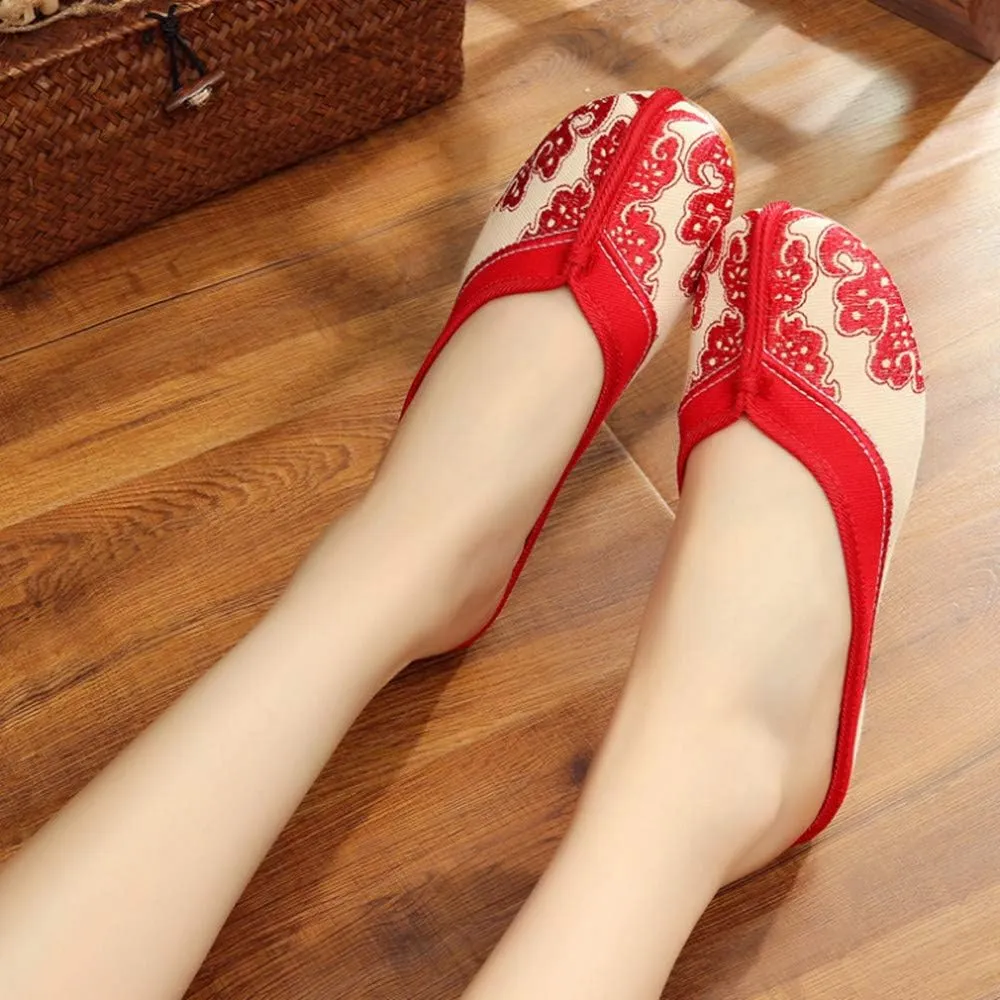Chinese Style Embroidered Flower Shoes Women Blue and White Porcelain Canvas Slippers Backless Comfortable Flats Round Toe Loafers Casual Sandals