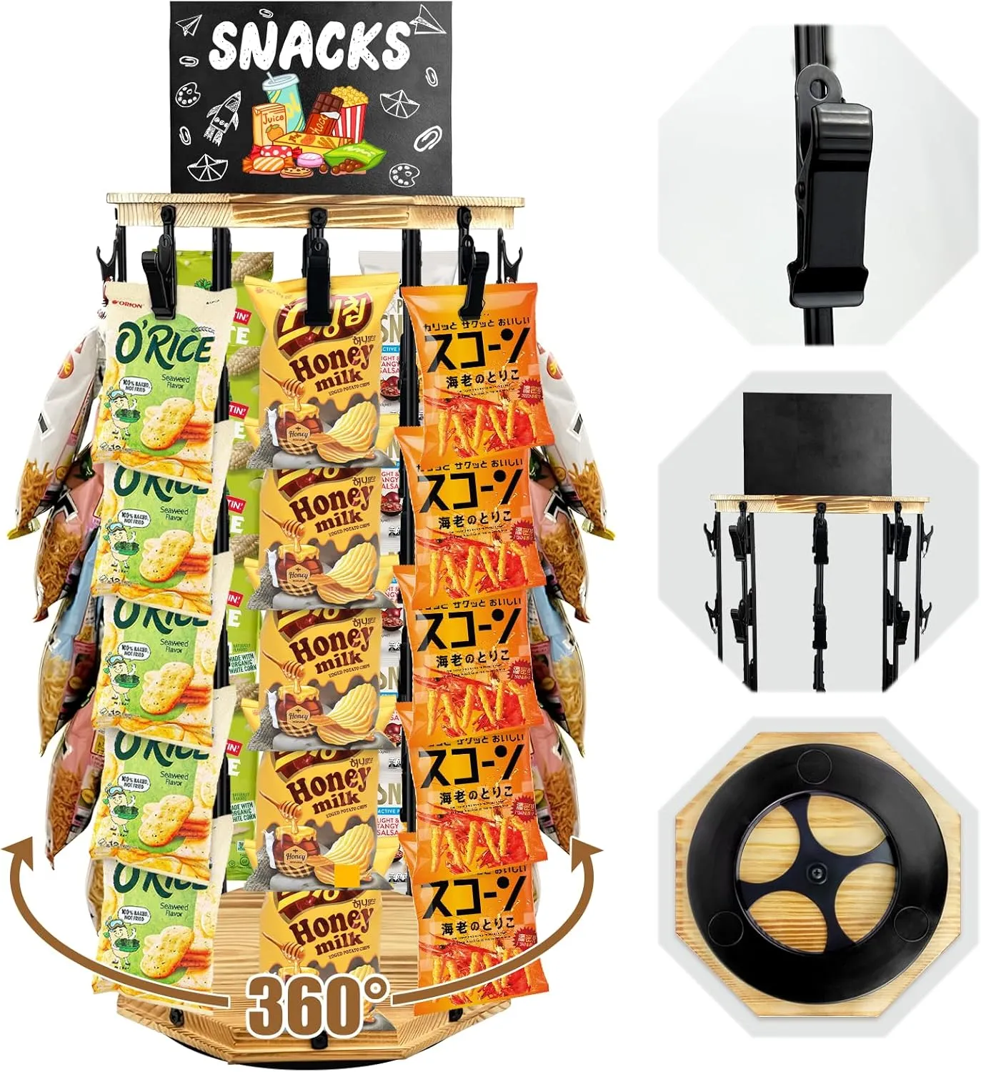 Chip Rack Display Stand, 5 Tiers 40 Clips Snack Organizer for Office Desk, 360° Rotating Wooden Base Chip Holder Candy Display with Message Board for Concession Stand, Countertop, Party