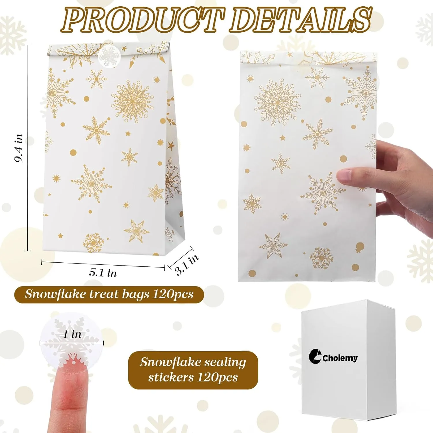 Cholemy 120 Set Winter Christmas Snowflake Gift Bags with Snowflake Sealing Stickers Winter Paper Goodies Treat Cookie Snack Bags for Xmas Holiday Party Favors