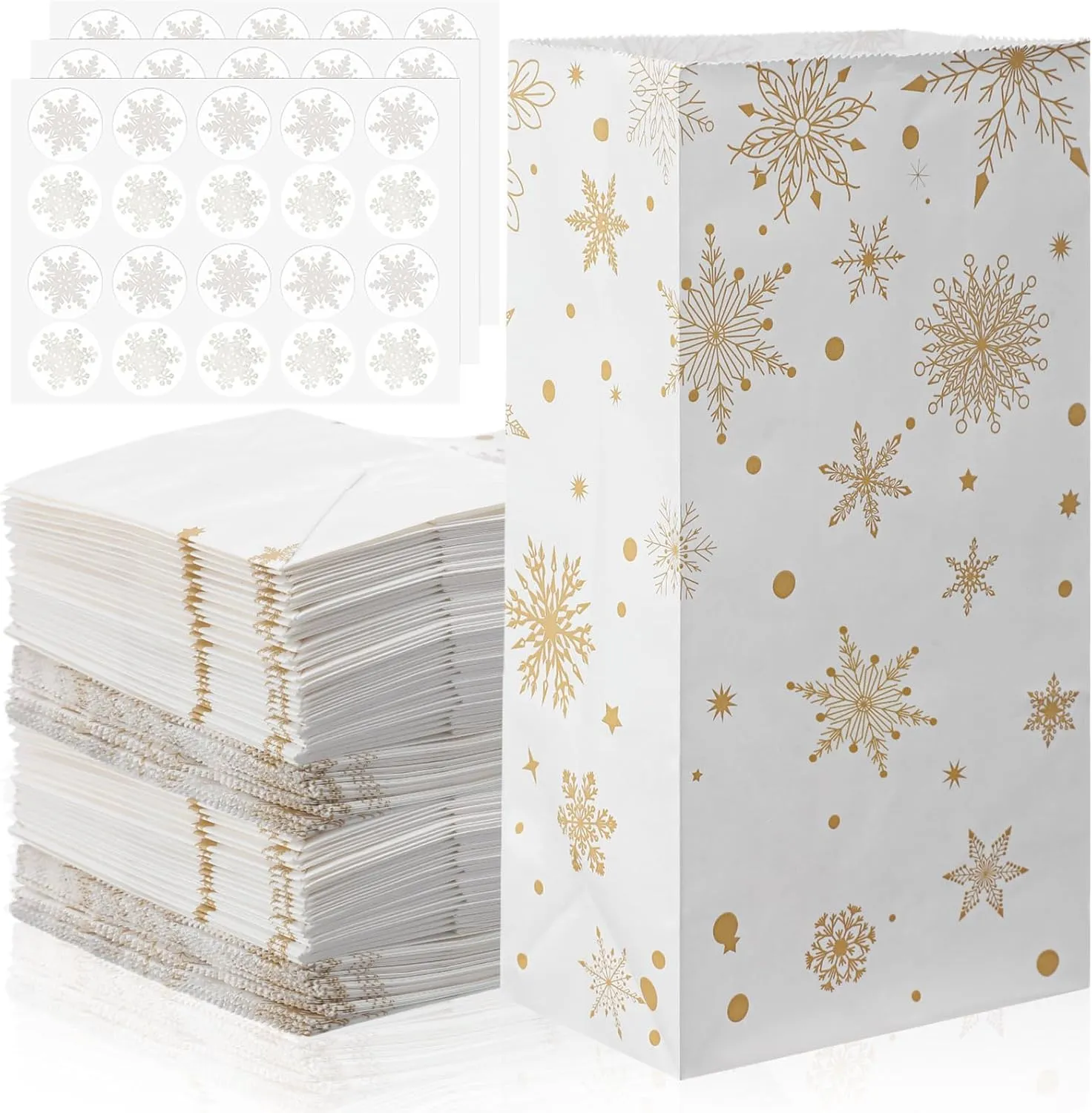 Cholemy 120 Set Winter Christmas Snowflake Gift Bags with Snowflake Sealing Stickers Winter Paper Goodies Treat Cookie Snack Bags for Xmas Holiday Party Favors