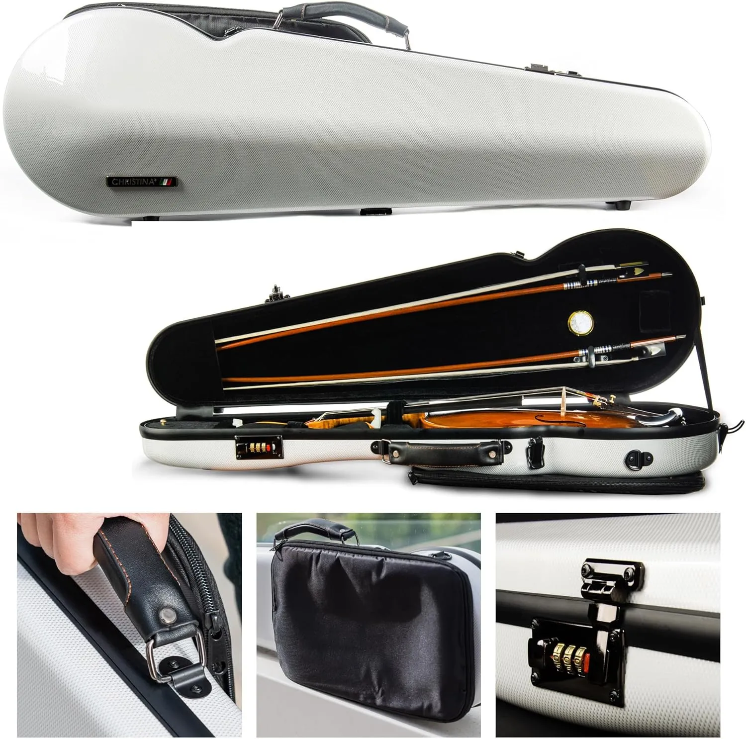Christina violin case 4/4 Full Size Violin case High-Strength Carbon Fiber Triangle Violin Music Bag With Combination Lock and Extra Bag White Violin Hard Case (VB-Trianglee-WhiteDot spot)
