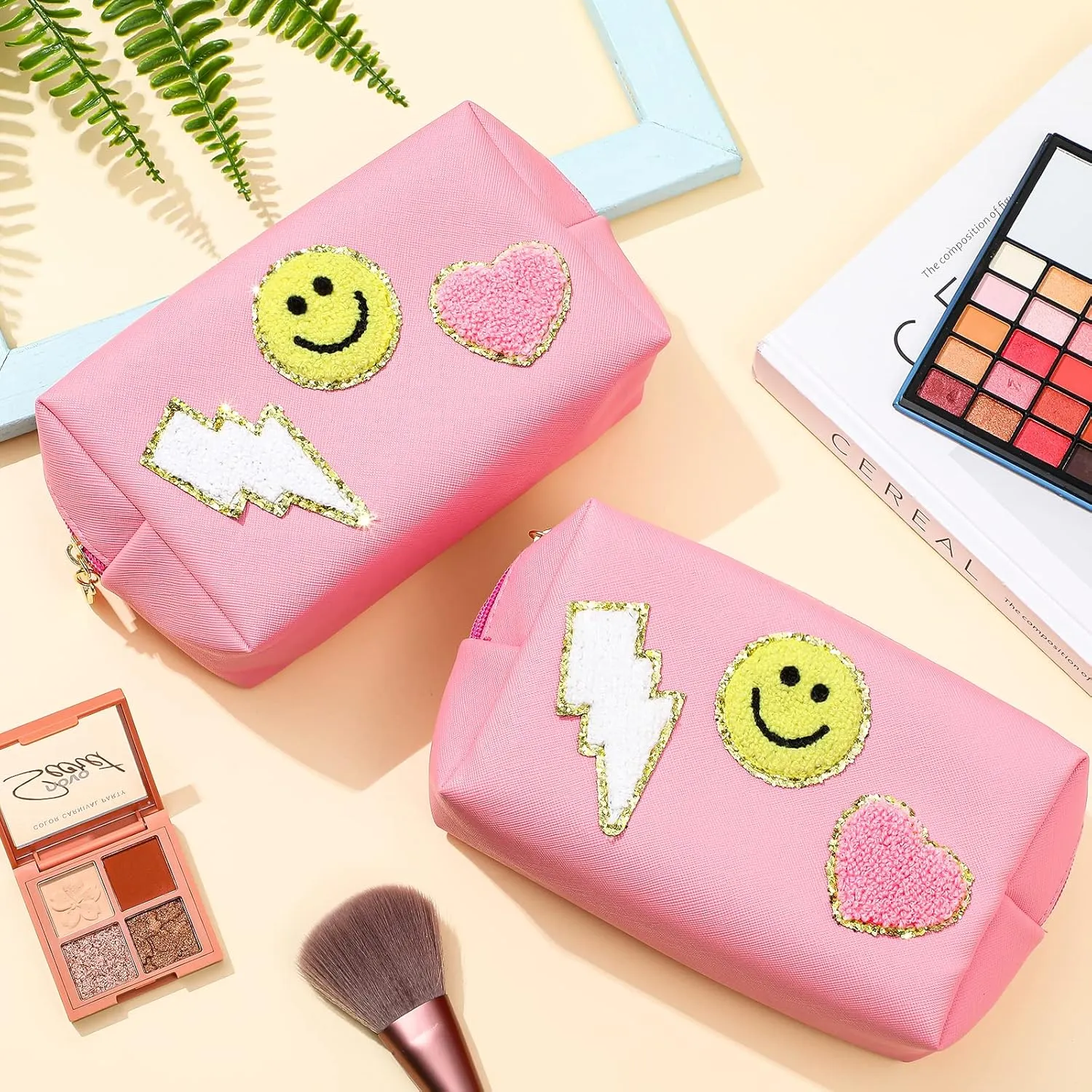 Chunful 9 Pieces Preppy Patch Makeup Bag Chenille Letters Cosmetic Bag Pu Leather Portable Waterproof Toiletry Bag Travel Makeup Bag for Women Christmas Gifts(Pink,Smile, Lightning, Heart)