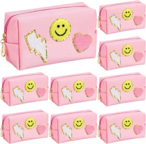 Chunful 9 Pieces Preppy Patch Makeup Bag Chenille Letters Cosmetic Bag Pu Leather Portable Waterproof Toiletry Bag Travel Makeup Bag for Women Christmas Gifts(Pink,Smile, Lightning, Heart)