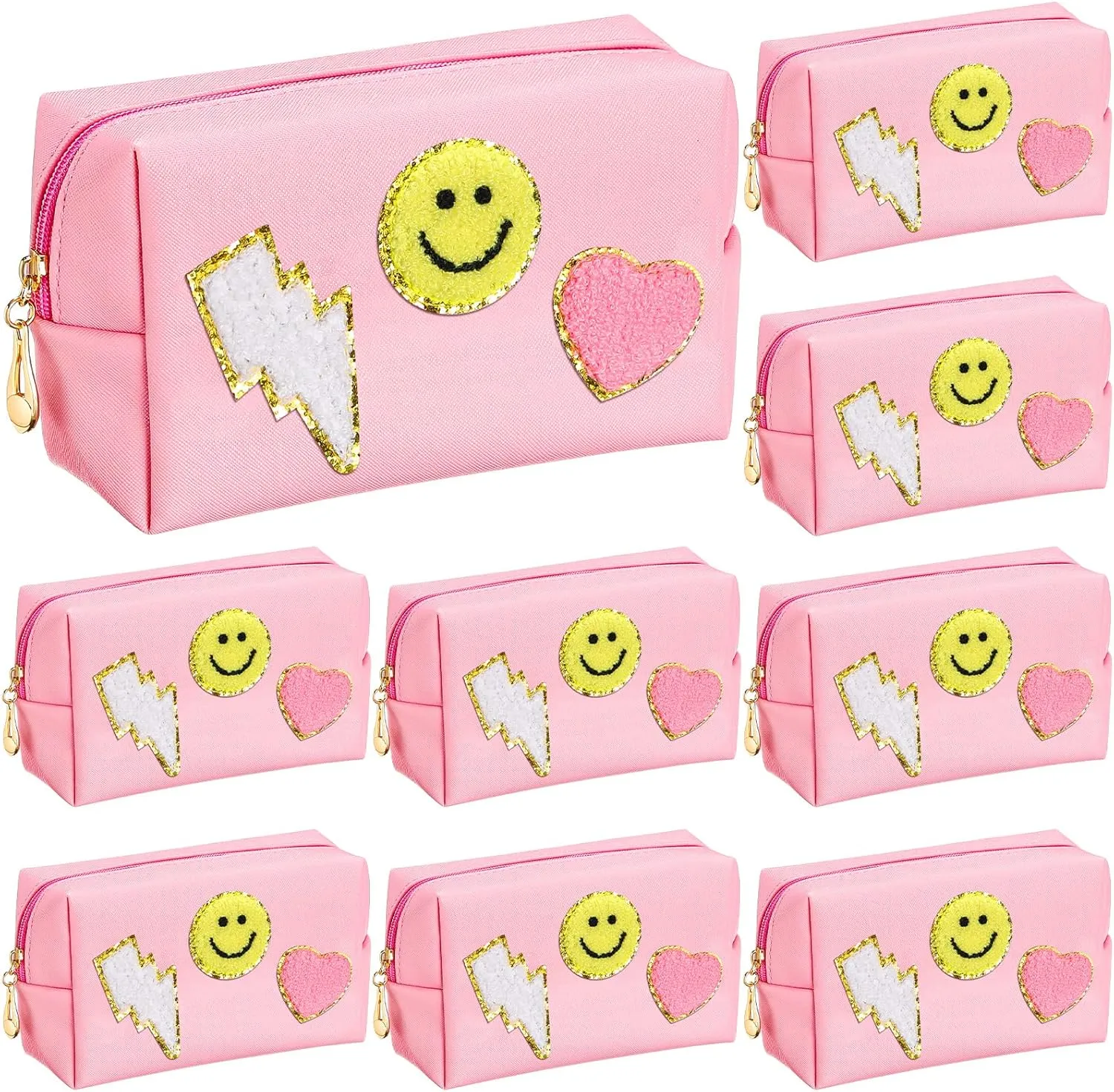 Chunful 9 Pieces Preppy Patch Makeup Bag Chenille Letters Cosmetic Bag Pu Leather Portable Waterproof Toiletry Bag Travel Makeup Bag for Women Christmas Gifts(Pink,Smile, Lightning, Heart)
