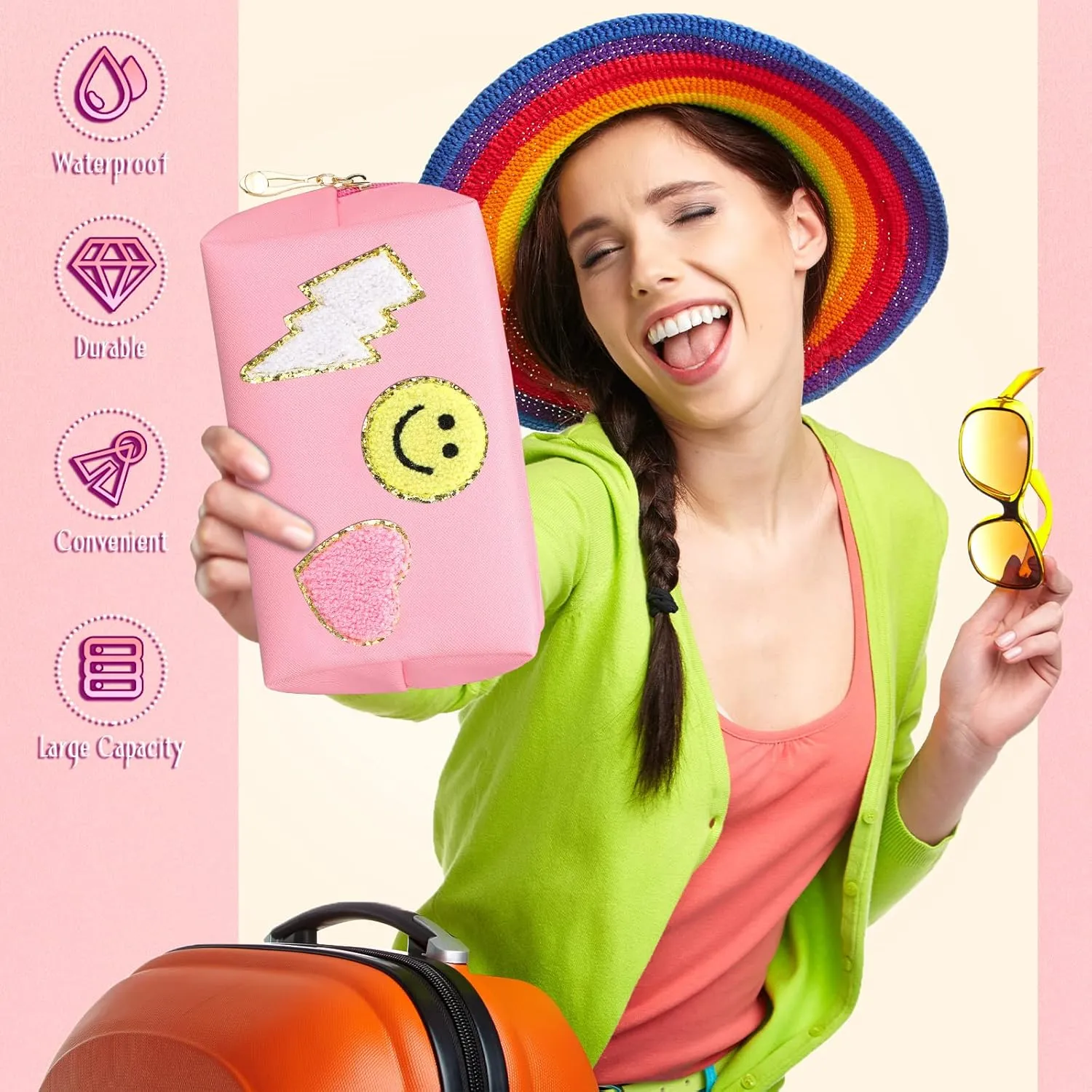 Chunful 9 Pieces Preppy Patch Makeup Bag Chenille Letters Cosmetic Bag Pu Leather Portable Waterproof Toiletry Bag Travel Makeup Bag for Women Christmas Gifts(Pink,Smile, Lightning, Heart)