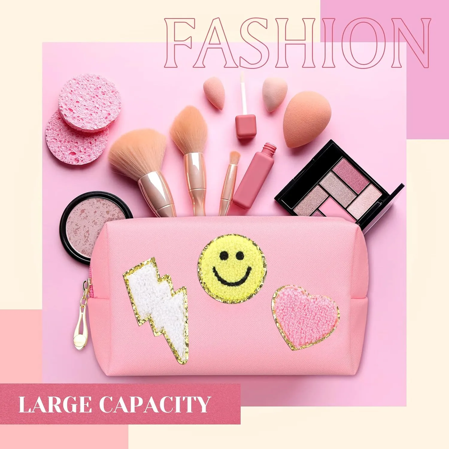 Chunful 9 Pieces Preppy Patch Makeup Bag Chenille Letters Cosmetic Bag Pu Leather Portable Waterproof Toiletry Bag Travel Makeup Bag for Women Christmas Gifts(Pink,Smile, Lightning, Heart)