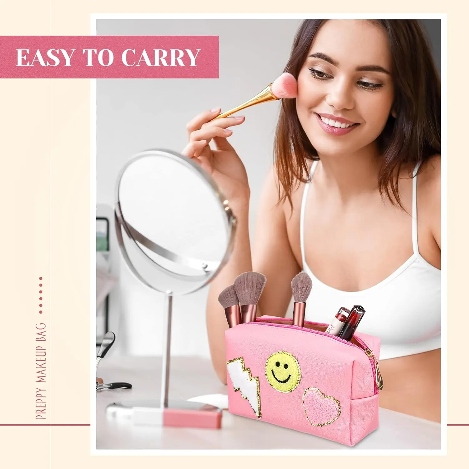 Chunful 9 Pieces Preppy Patch Makeup Bag Chenille Letters Cosmetic Bag Pu Leather Portable Waterproof Toiletry Bag Travel Makeup Bag for Women Christmas Gifts(Pink,Smile, Lightning, Heart)