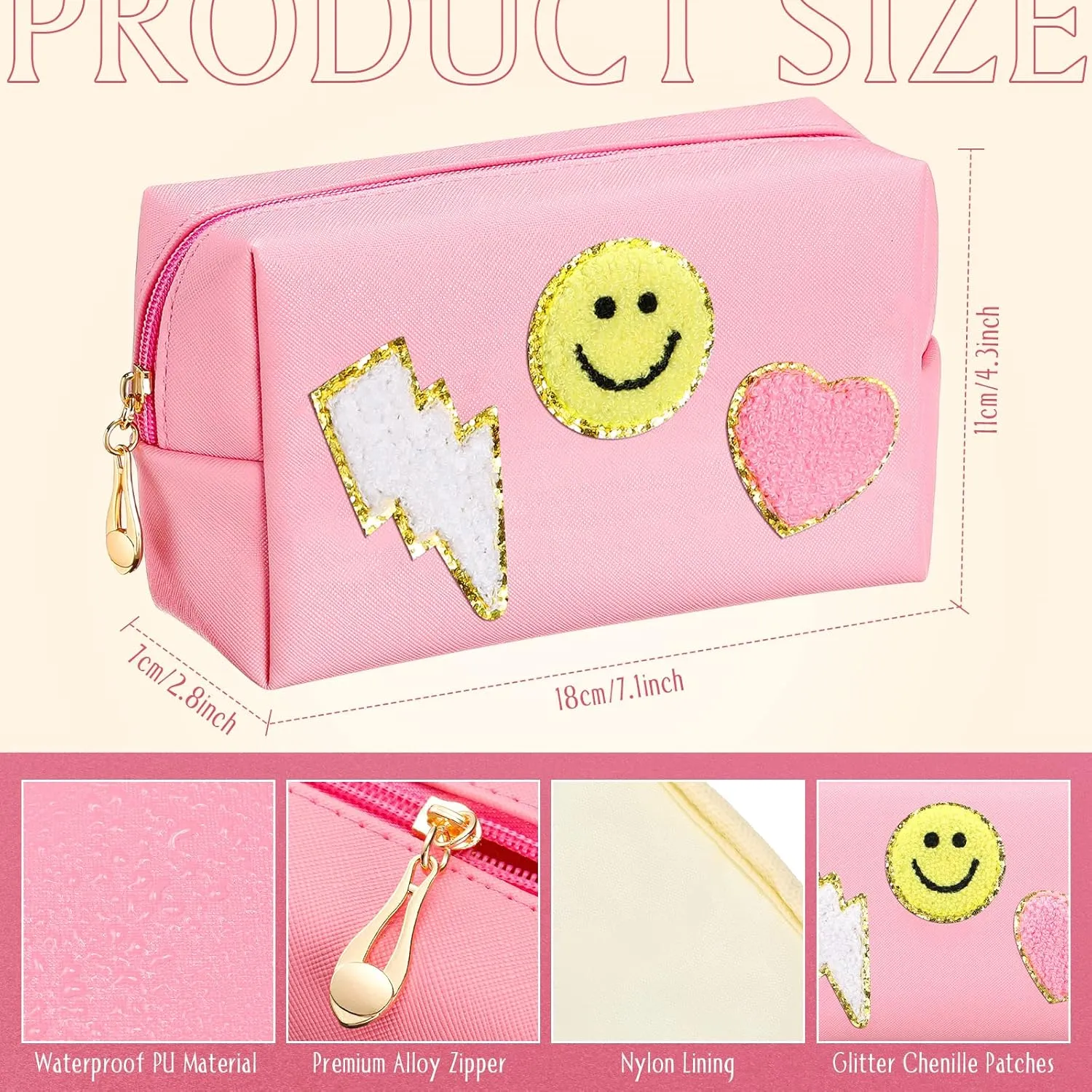 Chunful 9 Pieces Preppy Patch Makeup Bag Chenille Letters Cosmetic Bag Pu Leather Portable Waterproof Toiletry Bag Travel Makeup Bag for Women Christmas Gifts(Pink,Smile, Lightning, Heart)