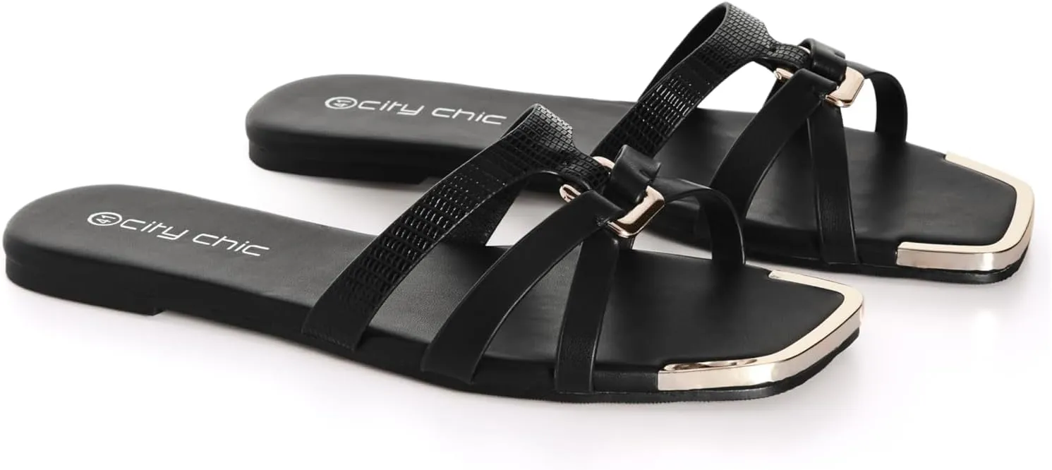 City Chic Women's WIDE FIT Dressy Gold Embellishment Diana Sandal, Black