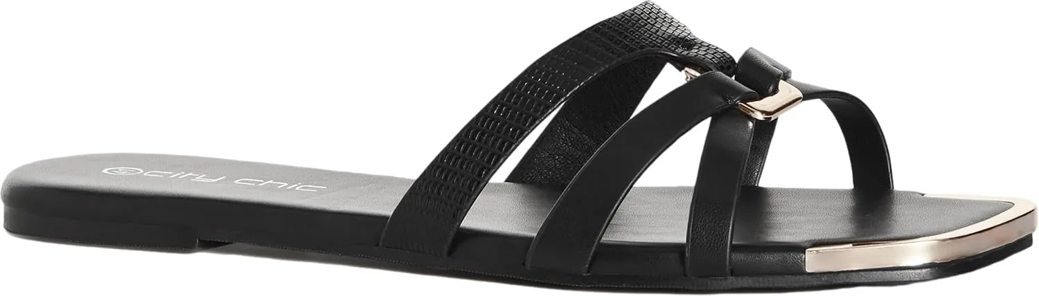 City Chic Women's WIDE FIT Dressy Gold Embellishment Diana Sandal, Black