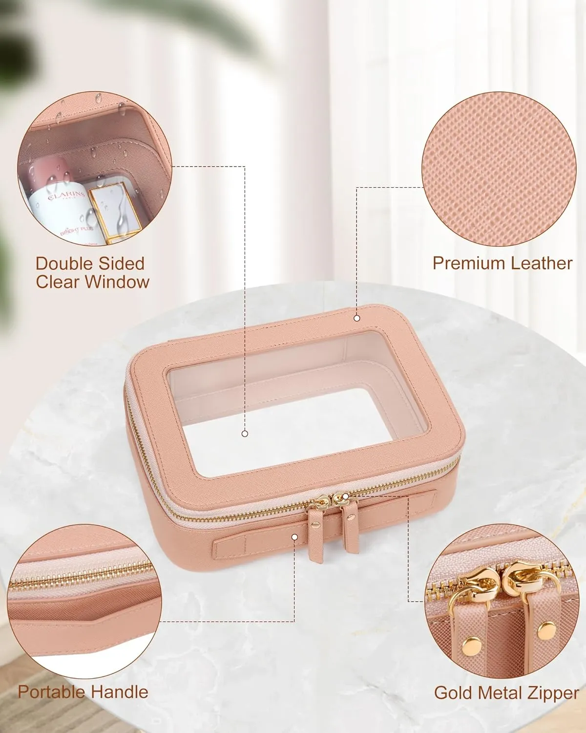 Clear Makeup Bag, Travel Toiletry Organizer with Zipper, Portable Leather Cosmetic Case, TSA Approved Transparent Make Up Storage Bags, Car Essentials for Women Gift (Medium Pink)