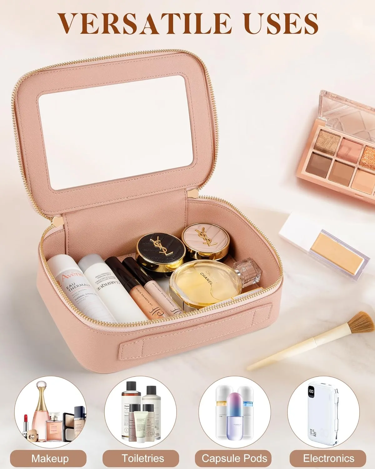 Clear Makeup Bag, Travel Toiletry Organizer with Zipper, Portable Leather Cosmetic Case, TSA Approved Transparent Make Up Storage Bags, Car Essentials for Women Gift (Medium Pink)