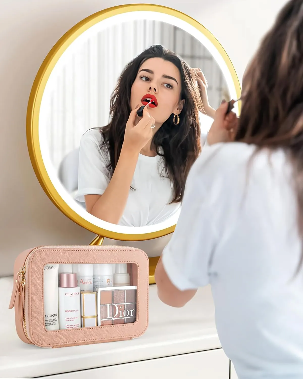 Clear Makeup Bag, Travel Toiletry Organizer with Zipper, Portable Leather Cosmetic Case, TSA Approved Transparent Make Up Storage Bags, Car Essentials for Women Gift (Medium Pink)