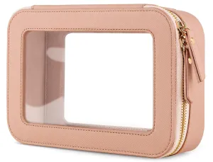 Clear Makeup Bag, Travel Toiletry Organizer with Zipper, Portable Leather Cosmetic Case, TSA Approved Transparent Make Up Storage Bags, Car Essentials for Women Gift (Medium Pink)