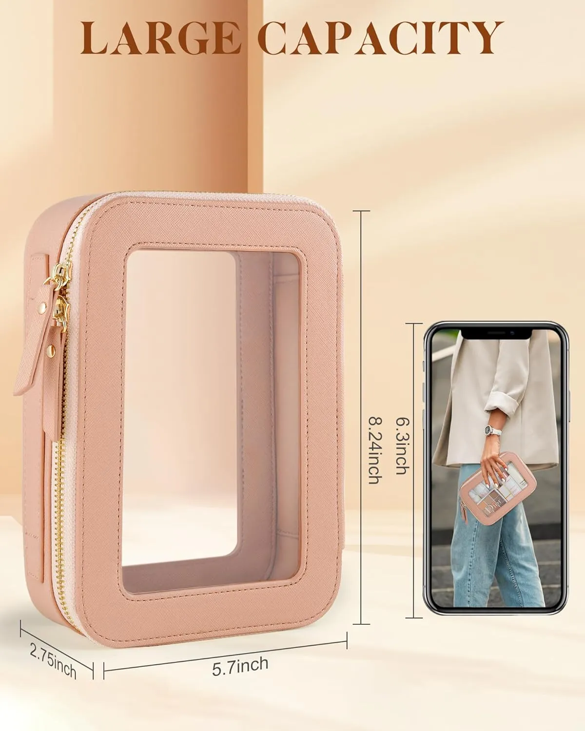 Clear Makeup Bag, Travel Toiletry Organizer with Zipper, Portable Leather Cosmetic Case, TSA Approved Transparent Make Up Storage Bags, Car Essentials for Women Gift (Medium Pink)