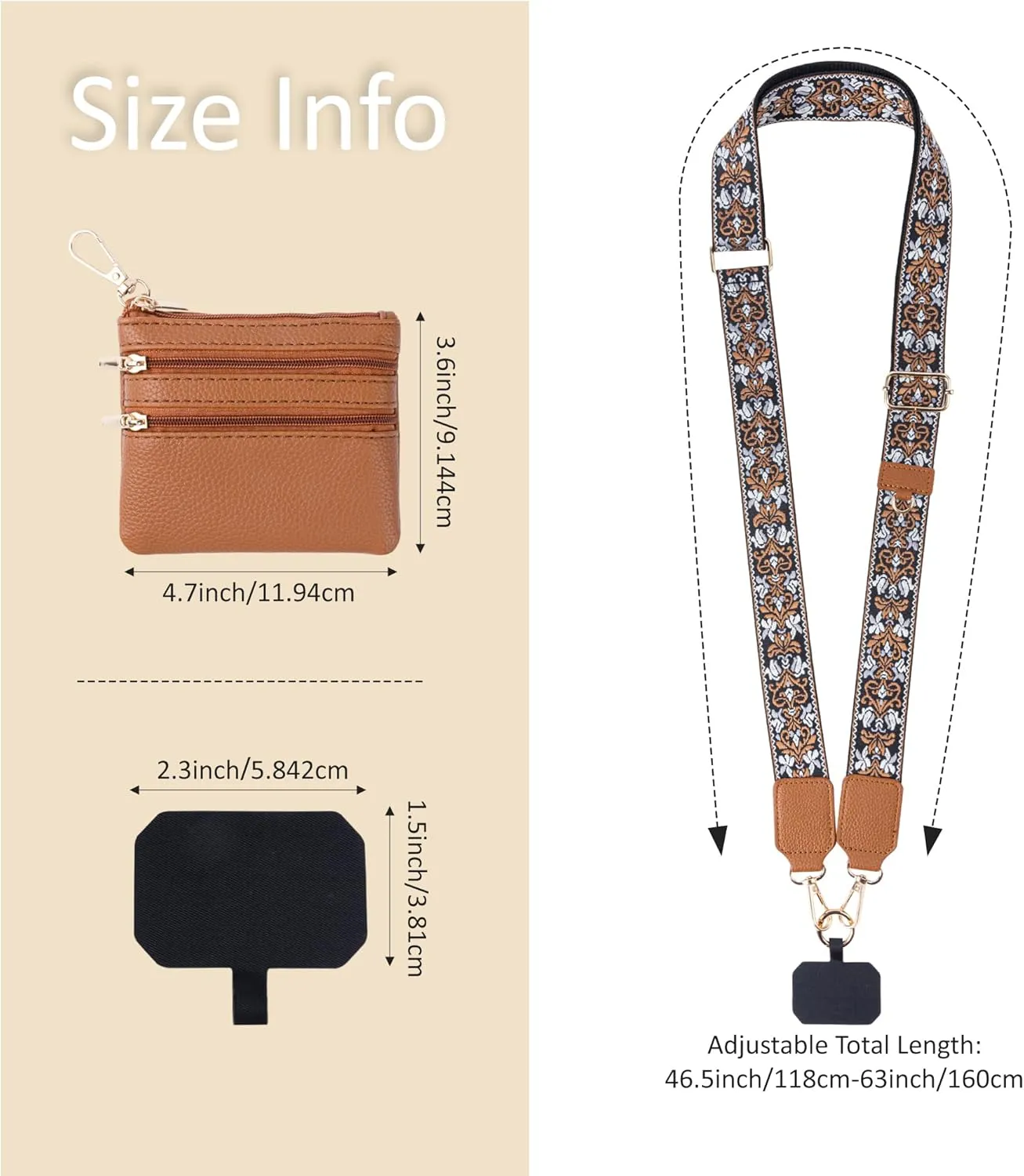 Clip and Go Strap for Phone with Wallet Crossbody Lanyard Adjustable Strap with Zipper Pouch Fit for All Phones-Brown