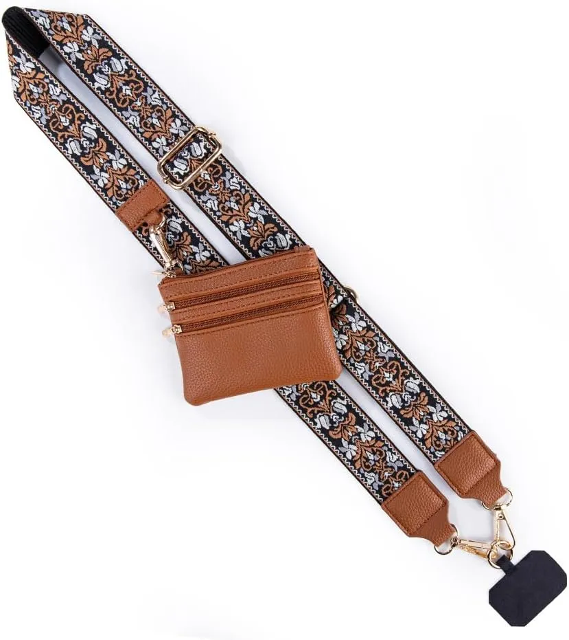 Clip and Go Strap for Phone with Wallet Crossbody Lanyard Adjustable Strap with Zipper Pouch Fit for All Phones-Brown