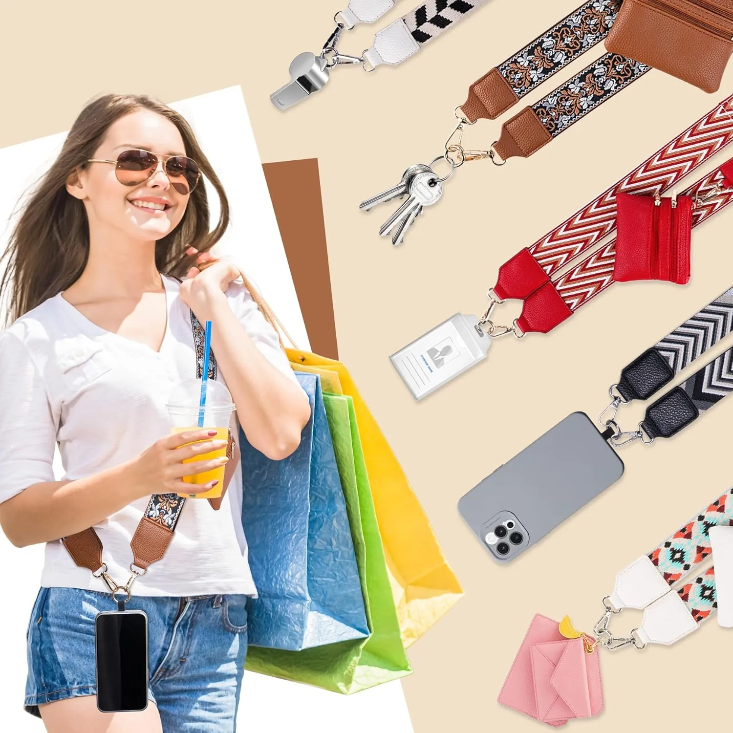 Clip and Go Strap for Phone with Wallet Crossbody Lanyard Adjustable Strap with Zipper Pouch Fit for All Phones-Brown