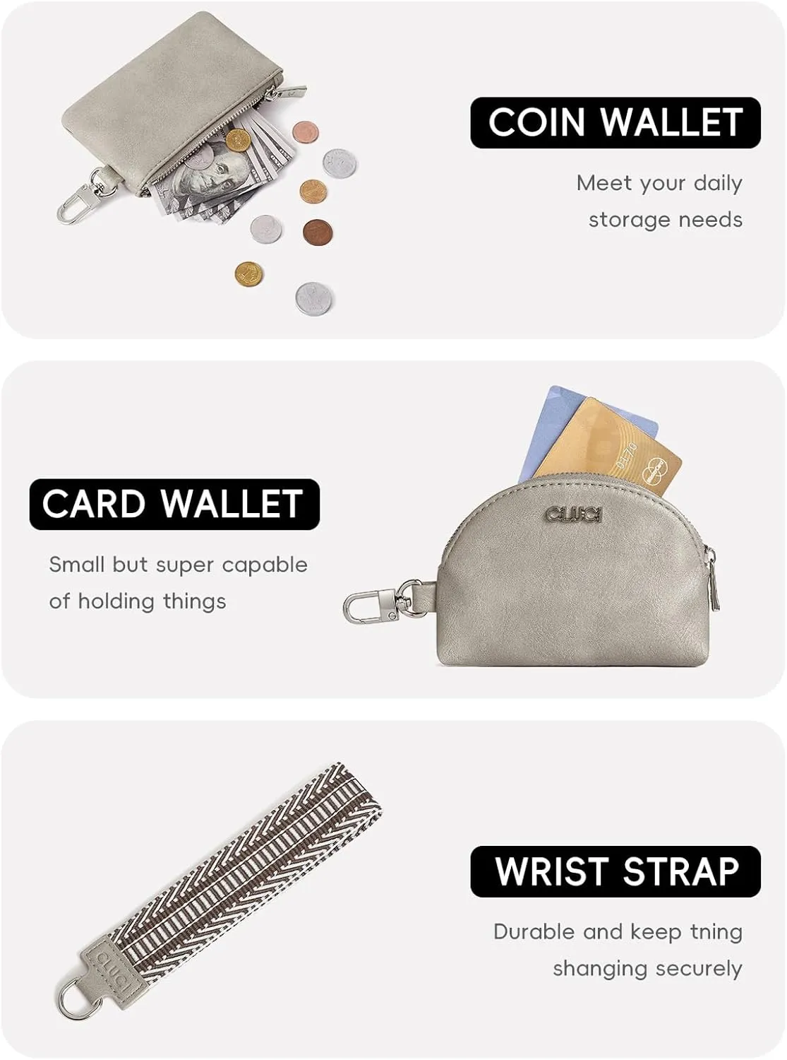 CLUCI Keychain Wallet for Women Leather Coin Purse Detachable Dual Pouch Wristlet Wallet Zipper Pocket Grey