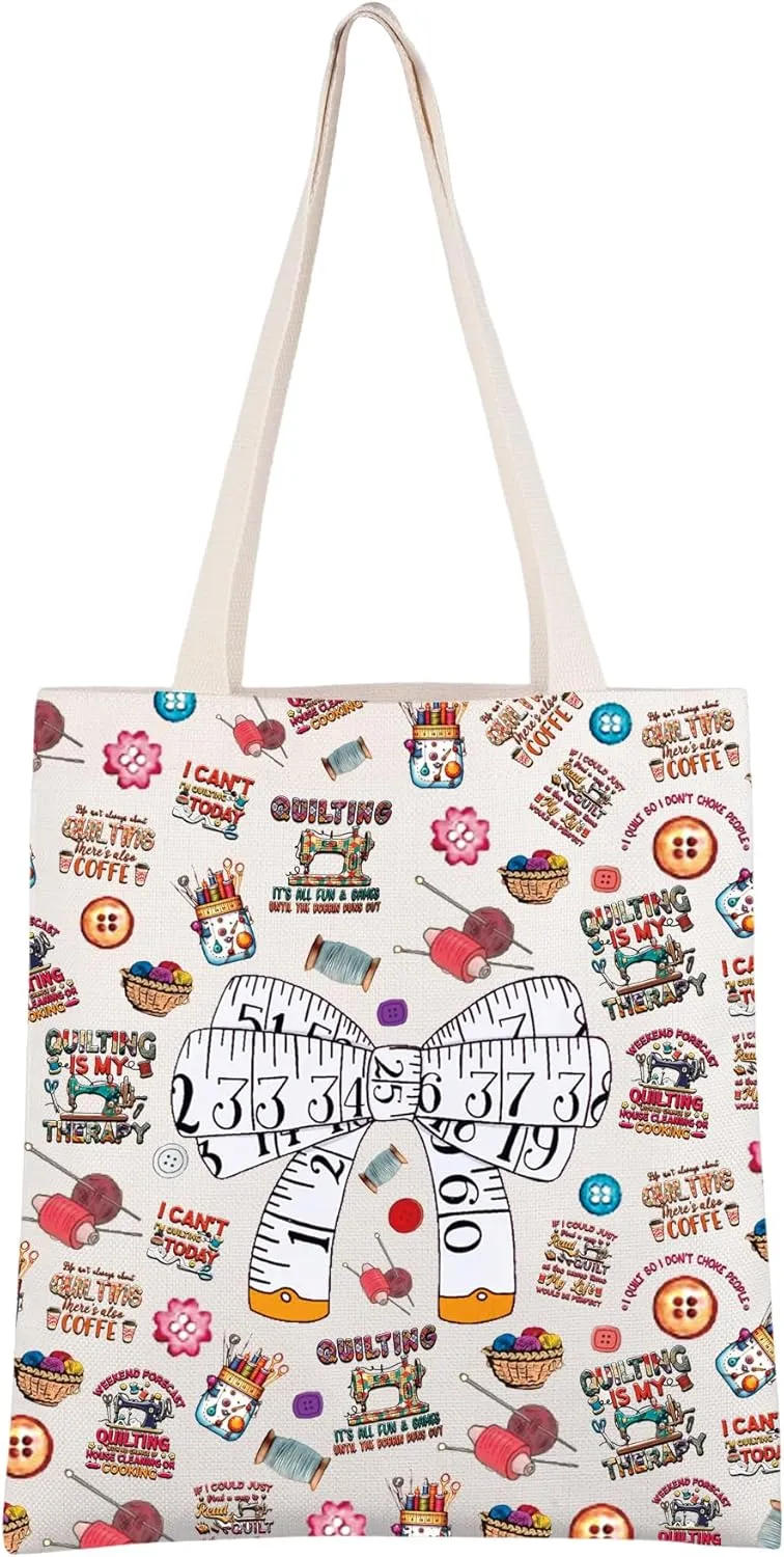 CMNIM Quilting Gifts Quilters Sewer Gift Funny Tape Measure Bow Tote Bag Sewing Lover Seamstress Gift Tailor Gift Fabric Tote