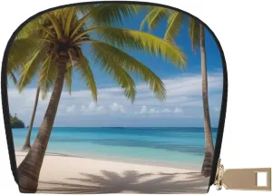 Coconut Palm Tree Sandy Beach Print Leather Semi-Circular Card Bag,Wallet Card Holder,Men's Credit Card Holder,and Placement Card Holder Suitable for Holding Various Cards