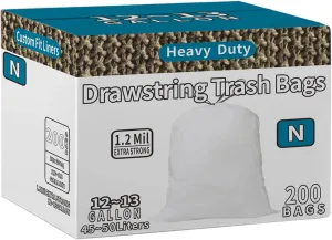 Code N Drawstring Trash Bags Compatible with simplehuman Code N | 200 Count total | 11.9-13.2 Gallon / 45-50 Liter | 1.2 Mil Thinkness | White Garbage Can Liner | Heavy Duty Plastic Trash Bag