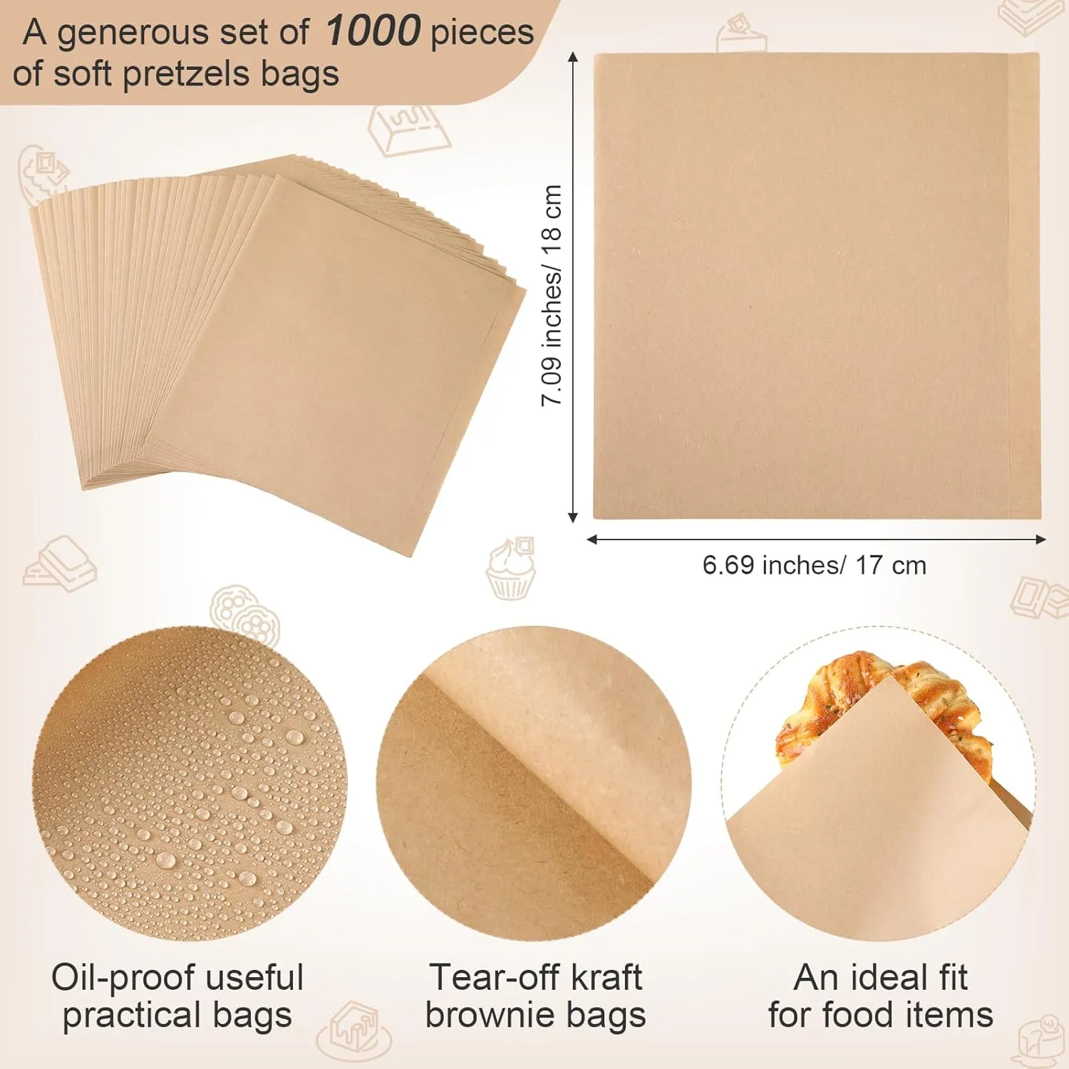 Colarr 1000 Pcs Soft Pretzel Bags 6.69 x 7.09 Inch Pretzels Individual Bags Grease Resistant Double Open Paper Sandwich Wrapper Holder for Concession Stands Food Snack Cookie, Brown