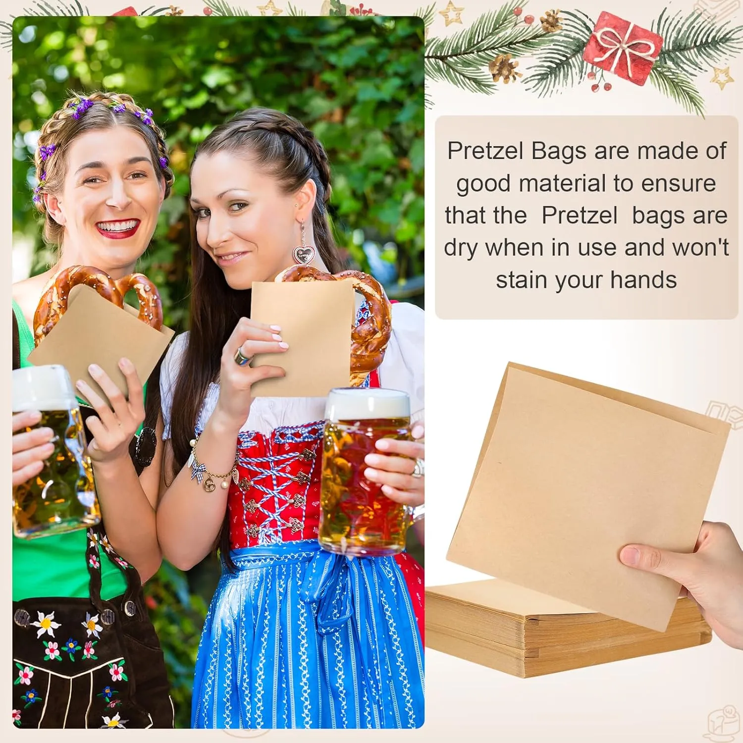 Colarr 1000 Pcs Soft Pretzel Bags 6.69 x 7.09 Inch Pretzels Individual Bags Grease Resistant Double Open Paper Sandwich Wrapper Holder for Concession Stands Food Snack Cookie, Brown
