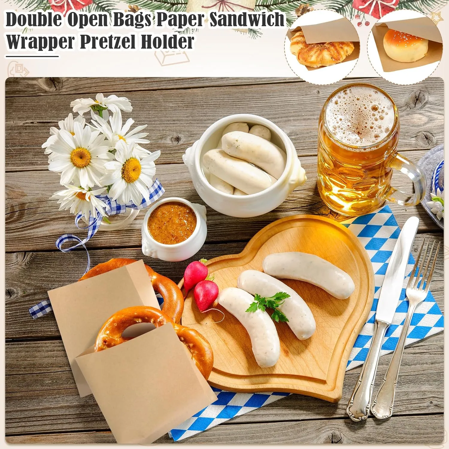 Colarr 1000 Pcs Soft Pretzel Bags 6.69 x 7.09 Inch Pretzels Individual Bags Grease Resistant Double Open Paper Sandwich Wrapper Holder for Concession Stands Food Snack Cookie, Brown
